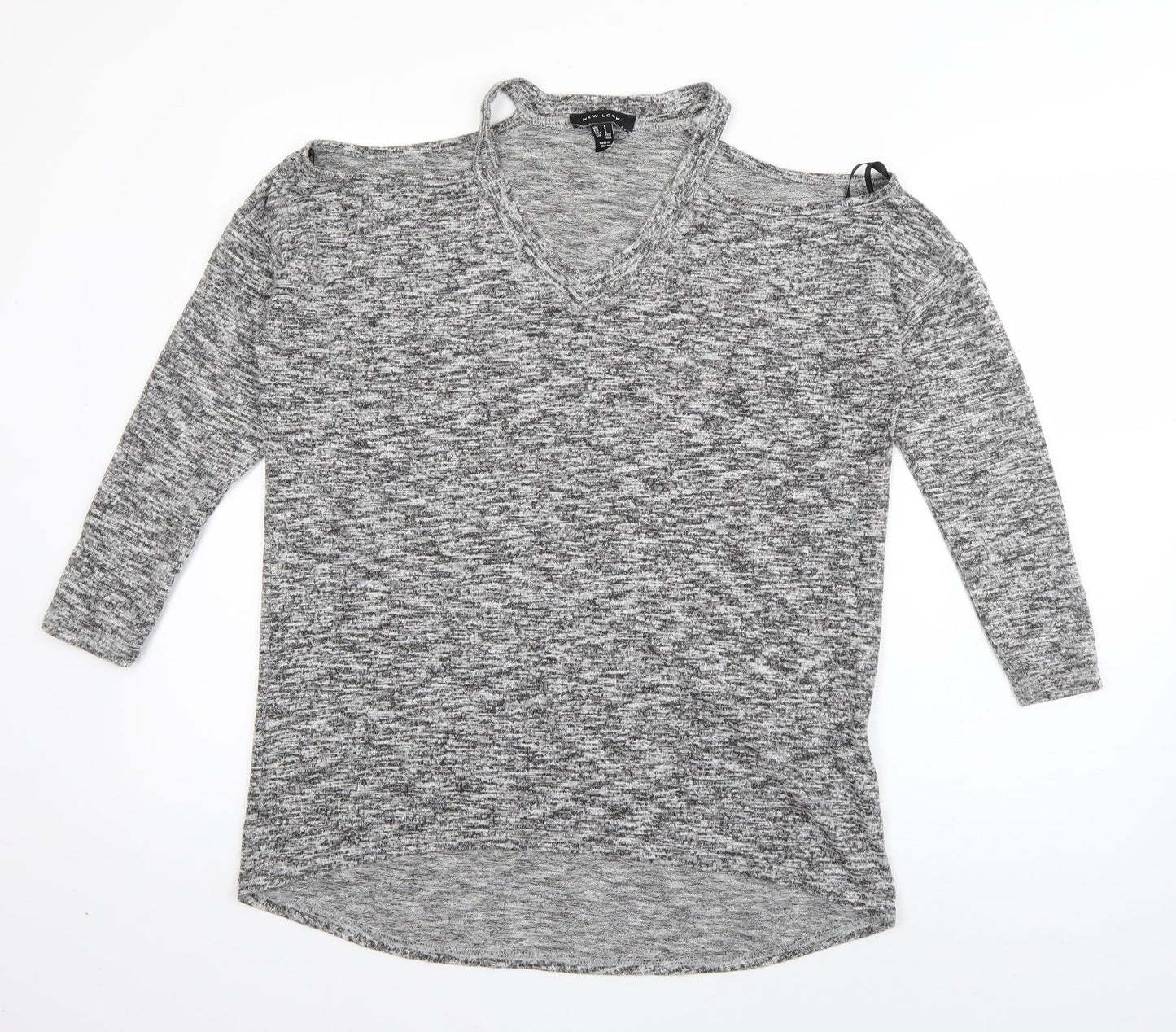 New Look Womens Grey  Polyester Basic T-Shirt Size S V-Neck - cut out shoulders