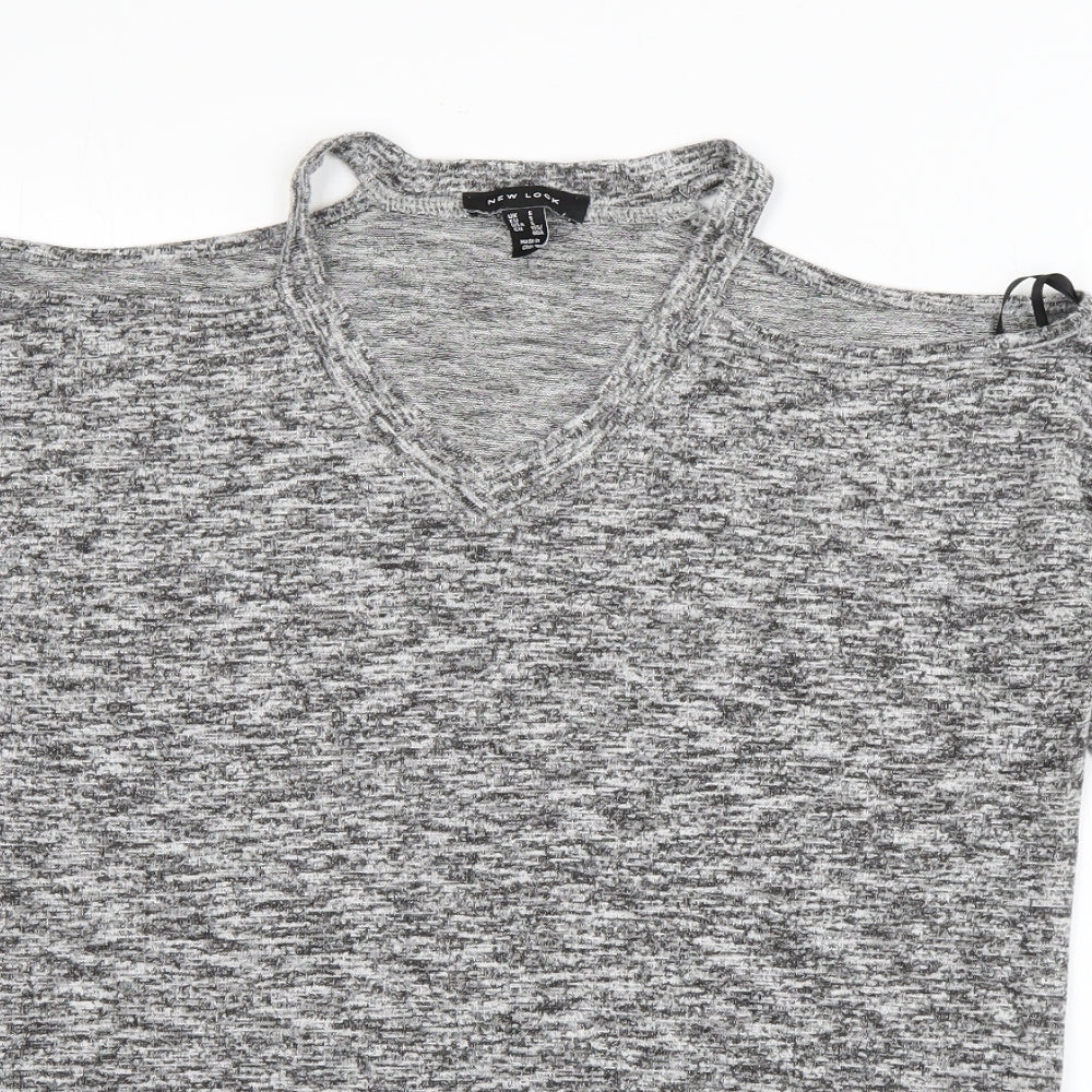 New Look Womens Grey  Polyester Basic T-Shirt Size S V-Neck - cut out shoulders