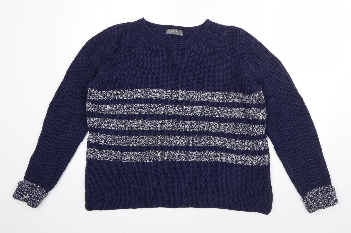 Papaya Womens Blue Round Neck Striped Cotton Pullover Jumper Size 12
