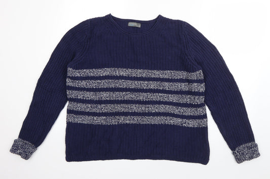 Papaya Womens Blue Round Neck Striped Cotton Pullover Jumper Size 12