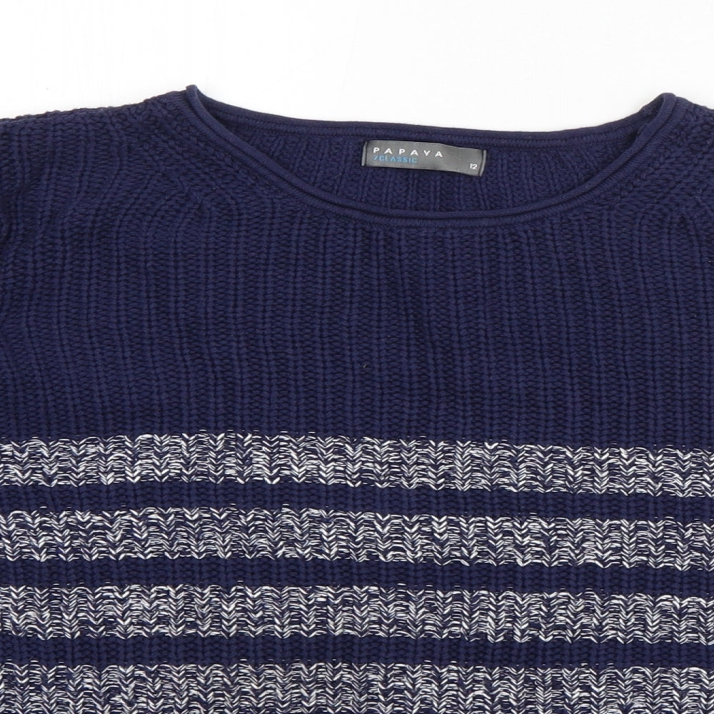 Papaya Womens Blue Round Neck Striped Cotton Pullover Jumper Size 12