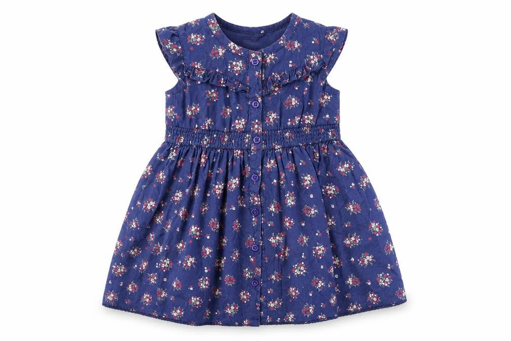 F&F Girls Blue Floral Cotton A-Line  Size 6-9 Months  Round Neck Button