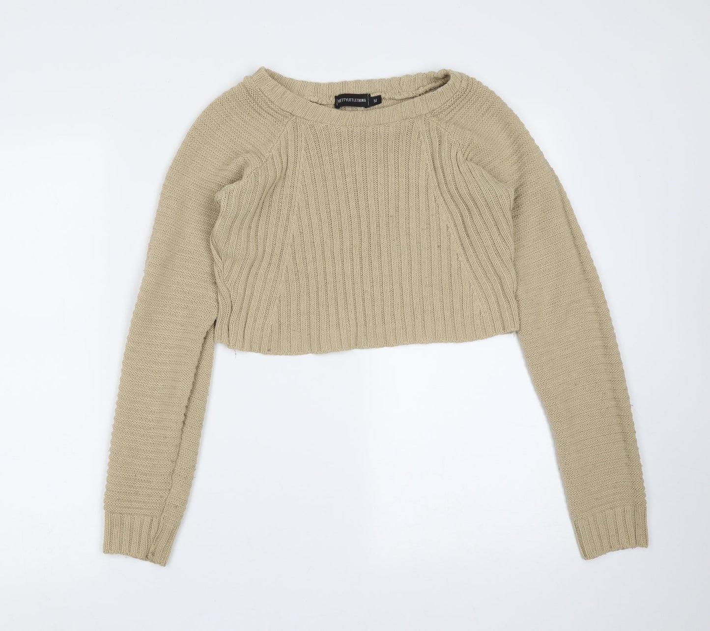 PRETTYLITTLETHING Womens Beige Round Neck Striped Acrylic Pullover Jumper Size M   - cropped