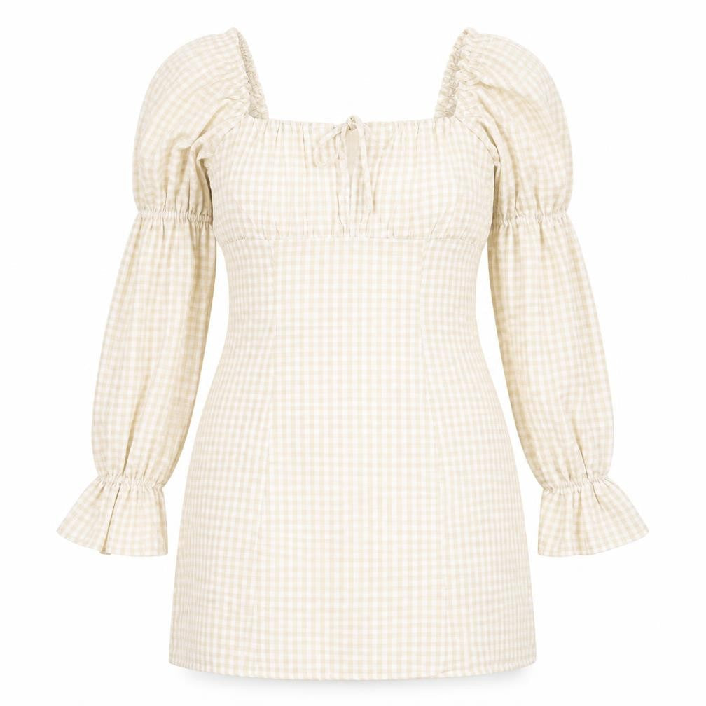 H&M Womens Beige Check Polyester Shift  Size 38  Square Neck