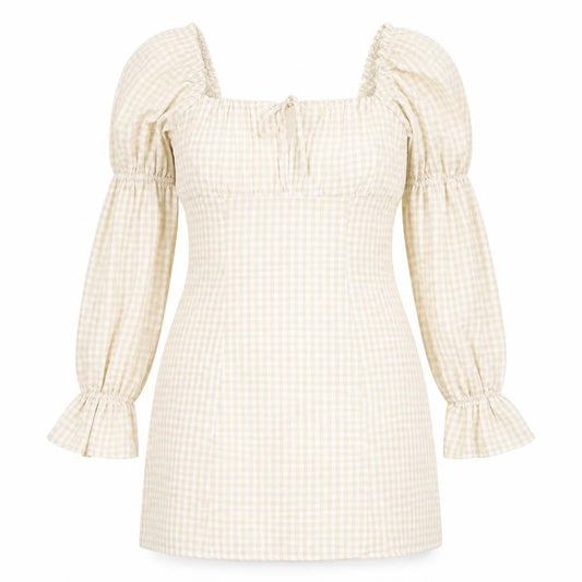 H&M Womens Beige Check Polyester Shift  Size 38  Square Neck