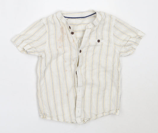 Matalan Boys Ivory Striped Cotton Basic Button-Up Size 4-5 Years Round Neck