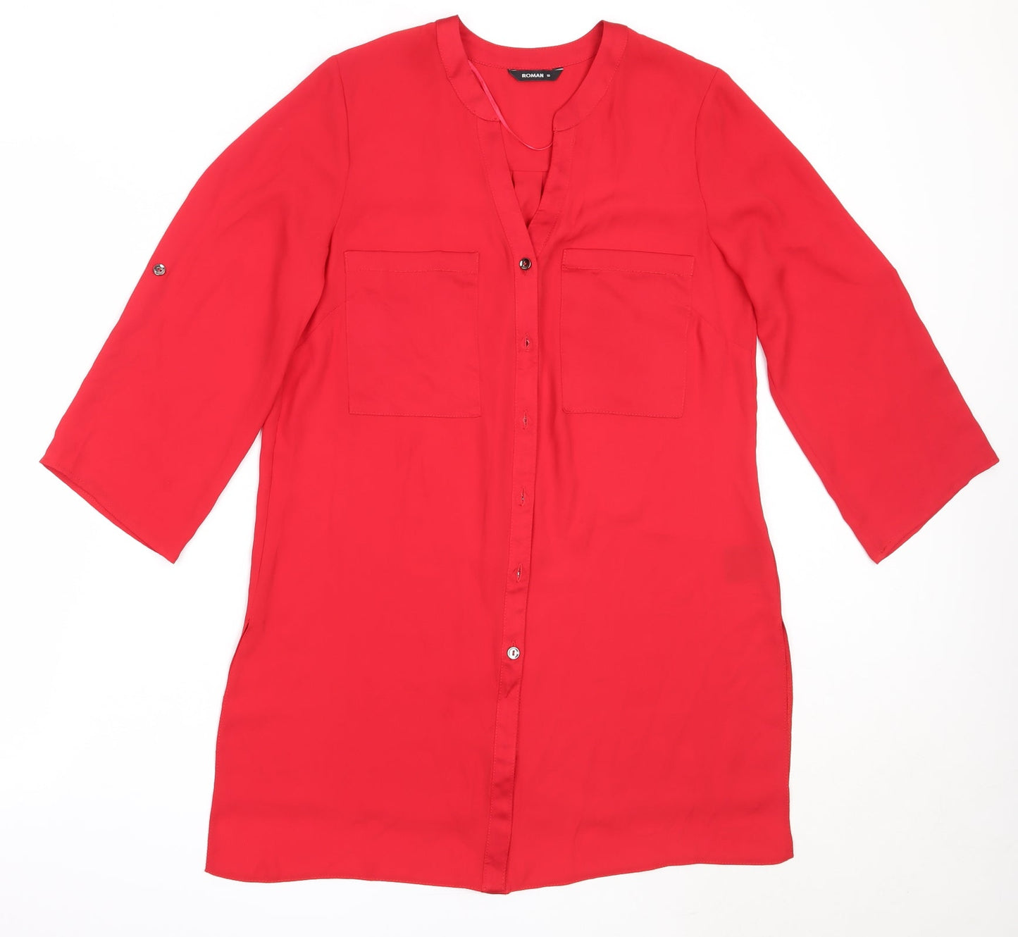 Roman Womens Red  Polyester Basic Button-Up Size 10 V-Neck