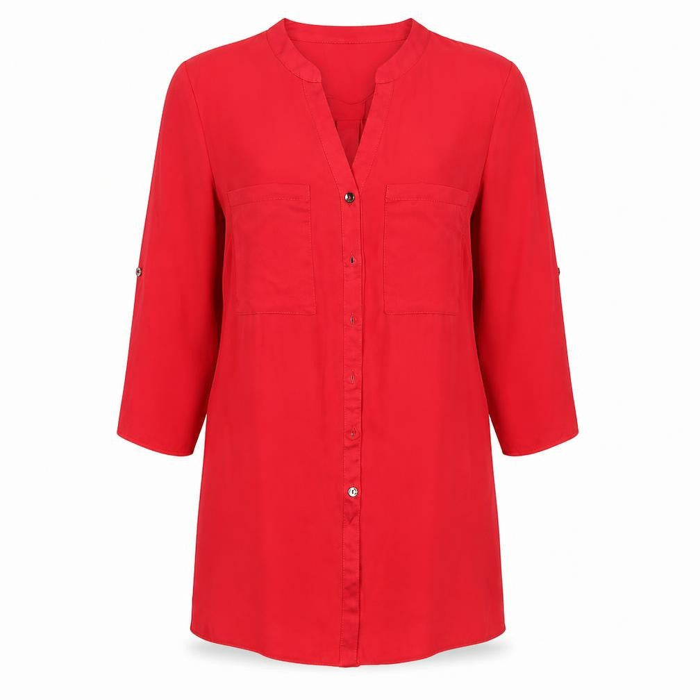 Roman Womens Red  Polyester Basic Button-Up Size 10 V-Neck