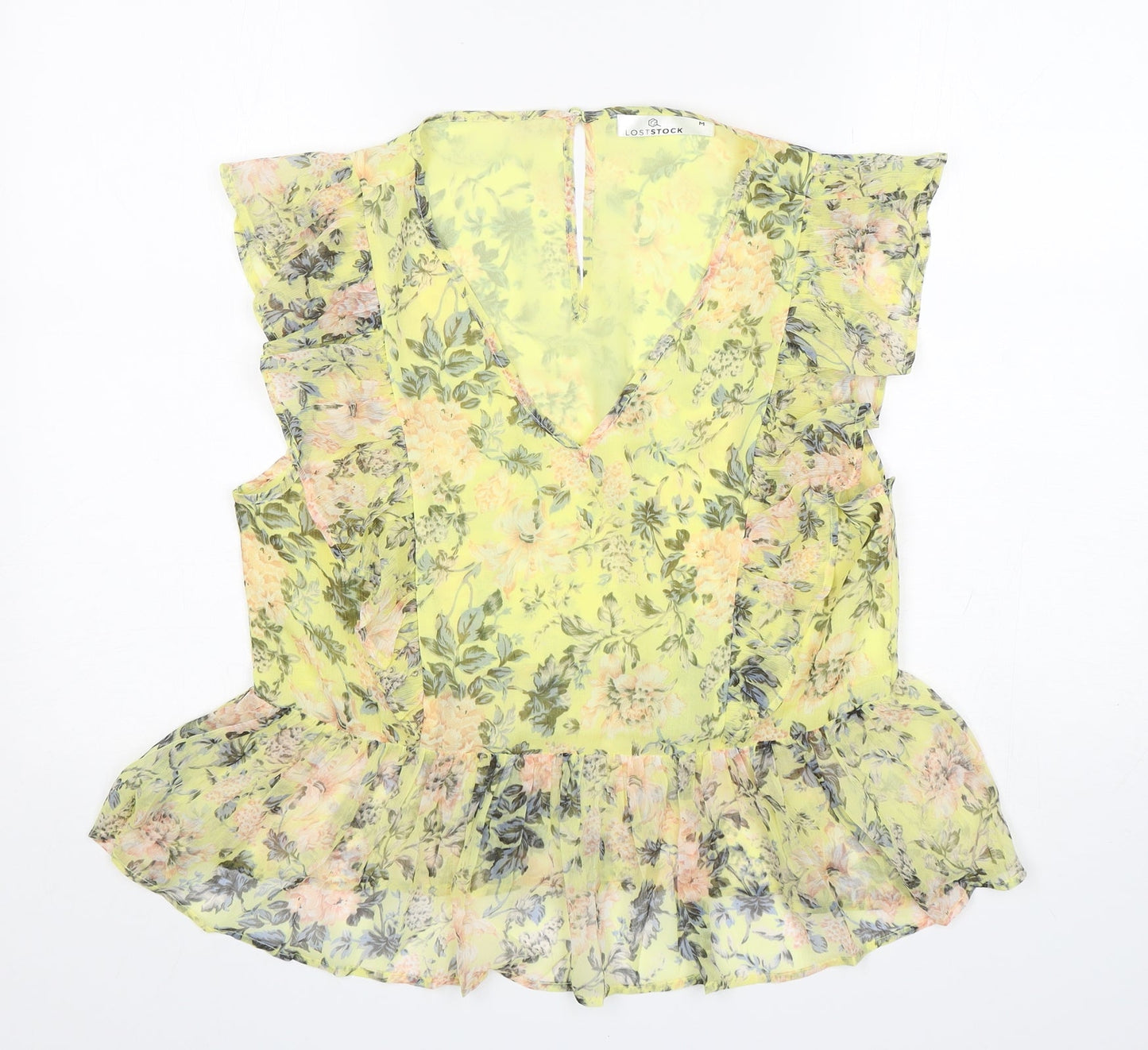Loststock Womens Yellow Floral Polyester Basic Blouse Size M V-Neck