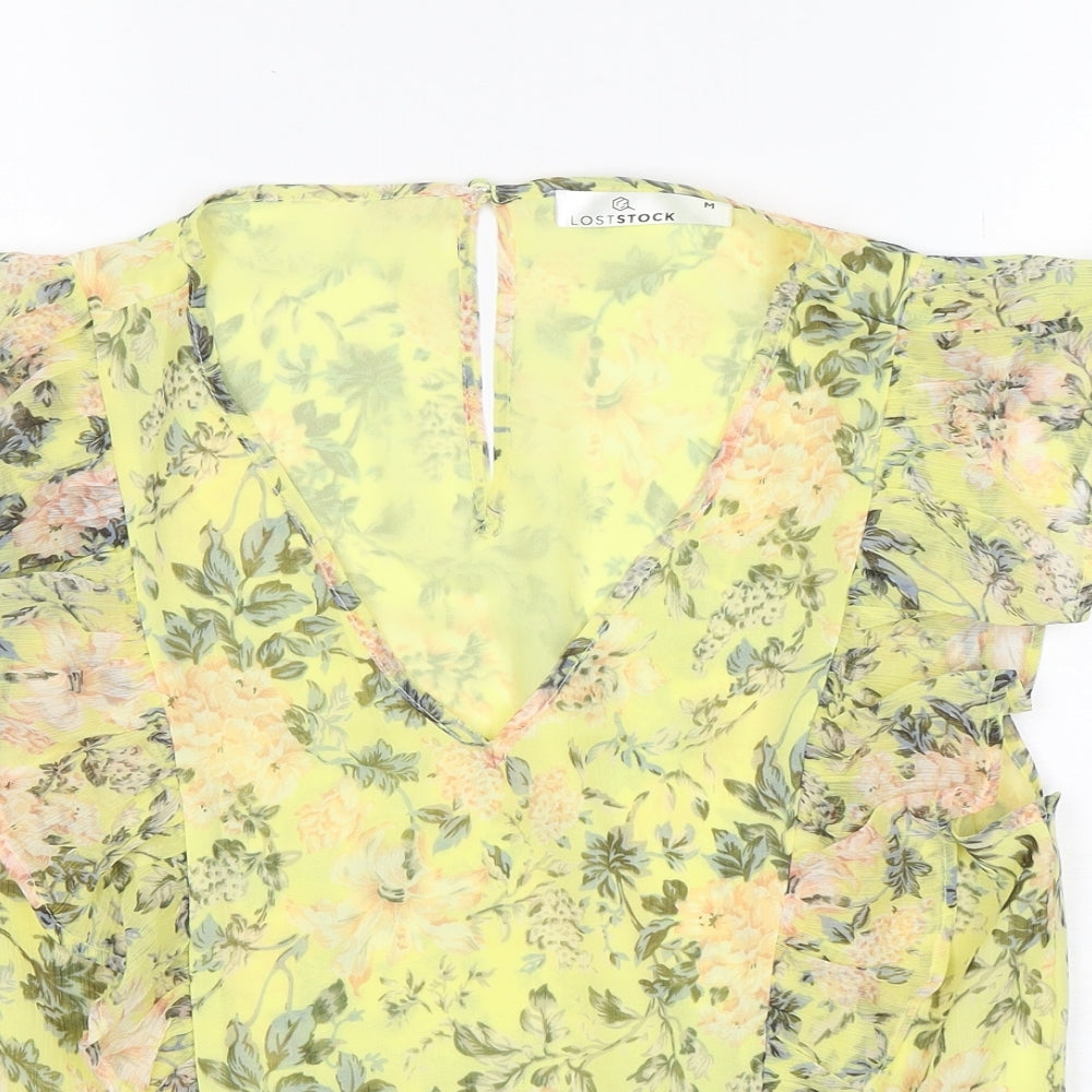 Loststock Womens Yellow Floral Polyester Basic Blouse Size M V-Neck