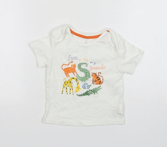 Mothercare Boys White Animal Print Cotton Basic T-Shirt Size 9-12 Months Round Neck