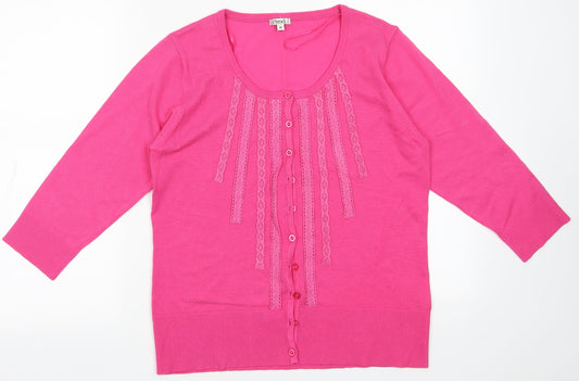 text Womens Pink Crew Neck Fair Isle Viscose Cardigan Jumper Size M