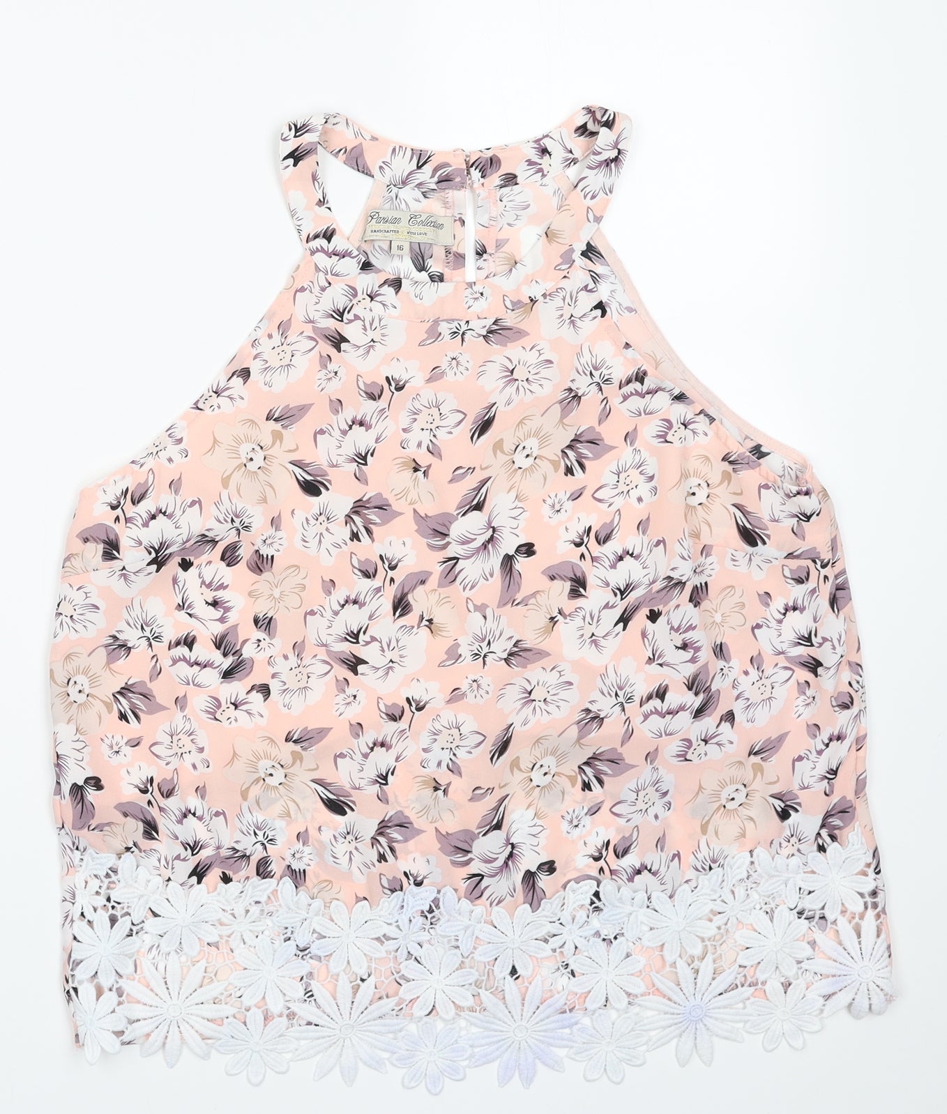 PARISIAN SIGNATURE Womens Pink Floral Polyester Basic Blouse Size 16 Crew Neck