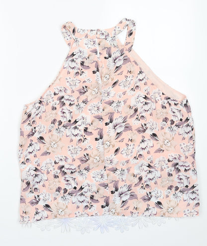 Parisian Signature Womens Pink Floral Polyester Basic Blouse Size 16 Crew Neck
