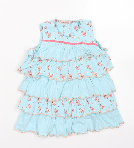 Marks & Spencer Girls Blue Floral Cotton A-Line  Size 12-18 Months  Crew Neck Snap