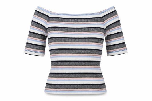New Look Womens Multicoloured Striped Polyester Tunic T-Shirt Size 8 Off the Shoulder