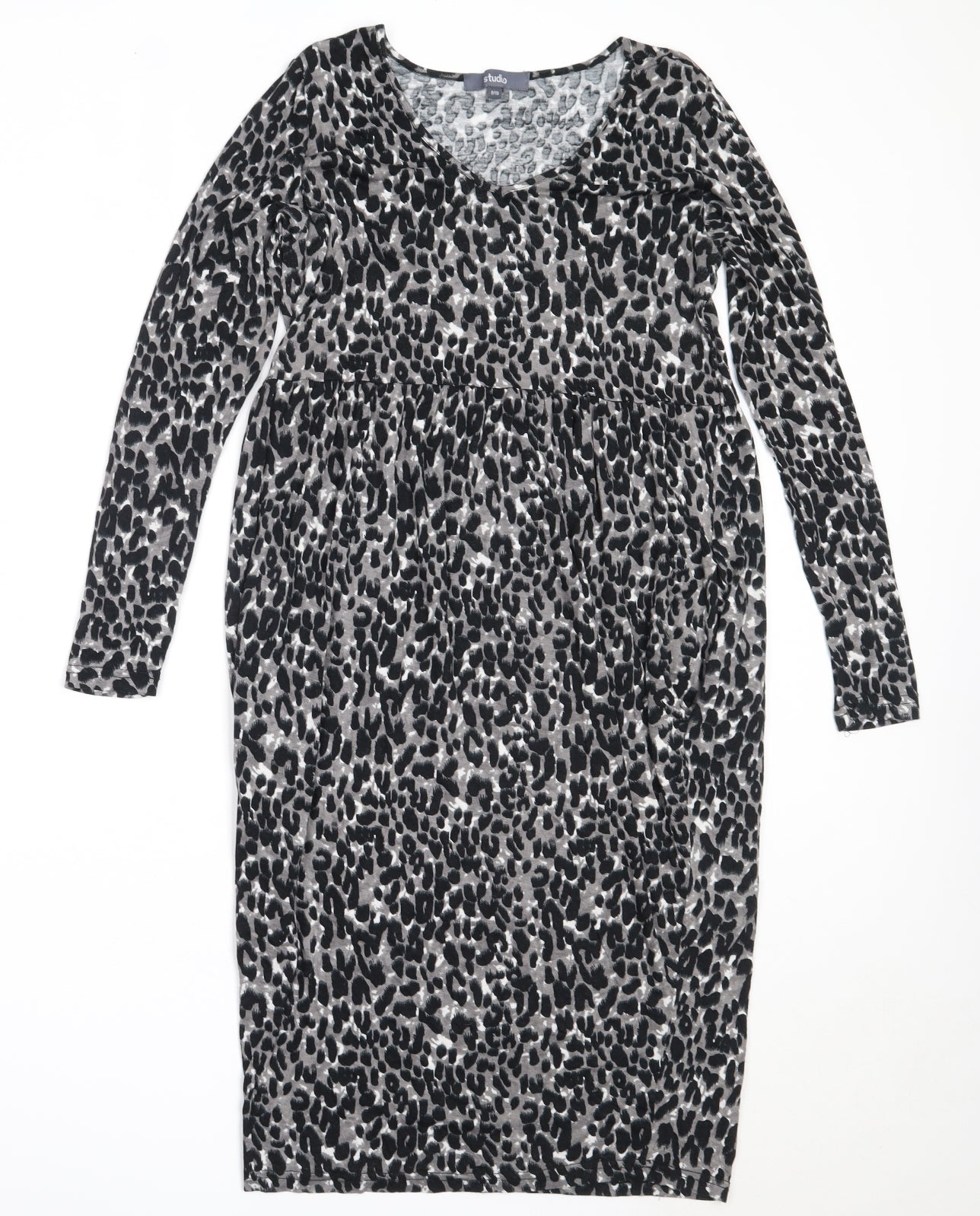 Studio Womens Black Animal Print Viscose Fit & Flare  Size 8  V-Neck