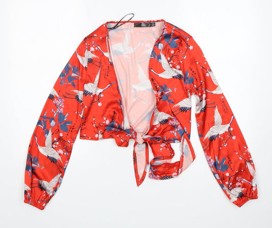 Missguided Womens Red Floral Polyester Cropped Blouse Size 6 V-Neck