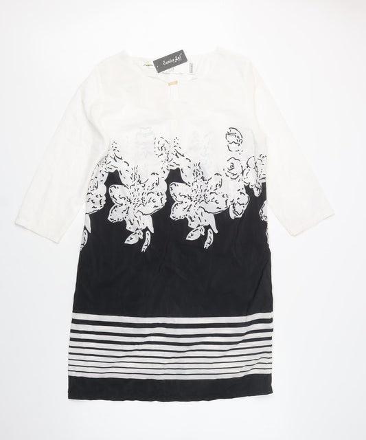 Eunice Lai Womens White Floral Polyester Shift  Size L  Round Neck Zip