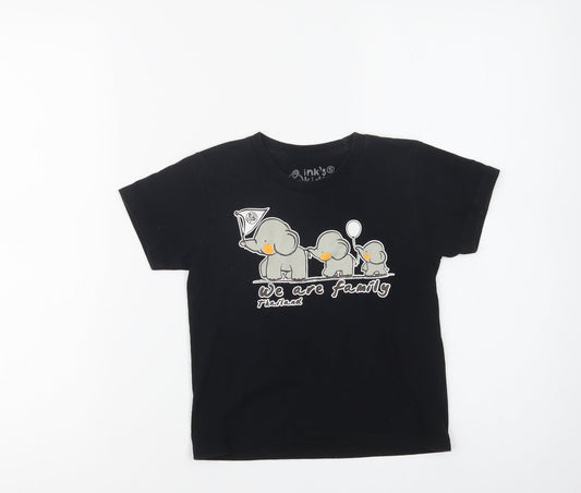 Ink's Kids Girls Black  Cotton Basic T-Shirt Size 3 Years Crew Neck  - Elephant