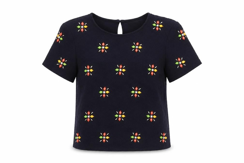 Miss Selfridge Womens Blue  Polyester Basic T-Shirt Size 4 Round Neck - Embellished