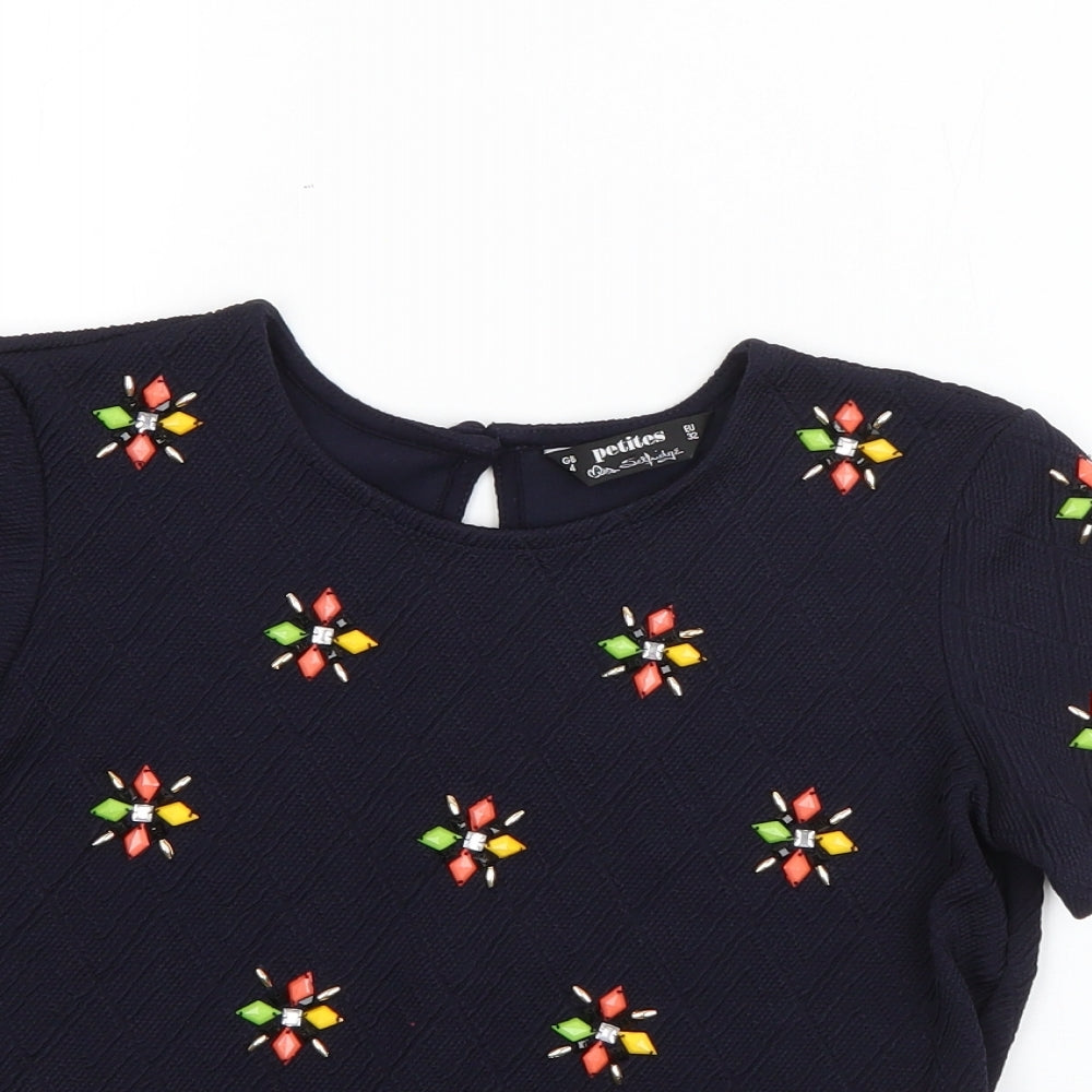 Miss Selfridge Womens Blue  Polyester Basic T-Shirt Size 4 Round Neck - Embellished