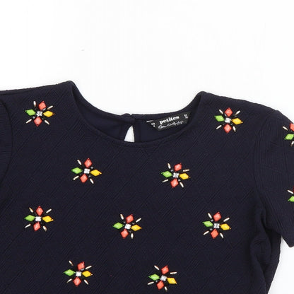 Miss Selfridge Womens Blue  Polyester Basic T-Shirt Size 4 Round Neck - Embellished
