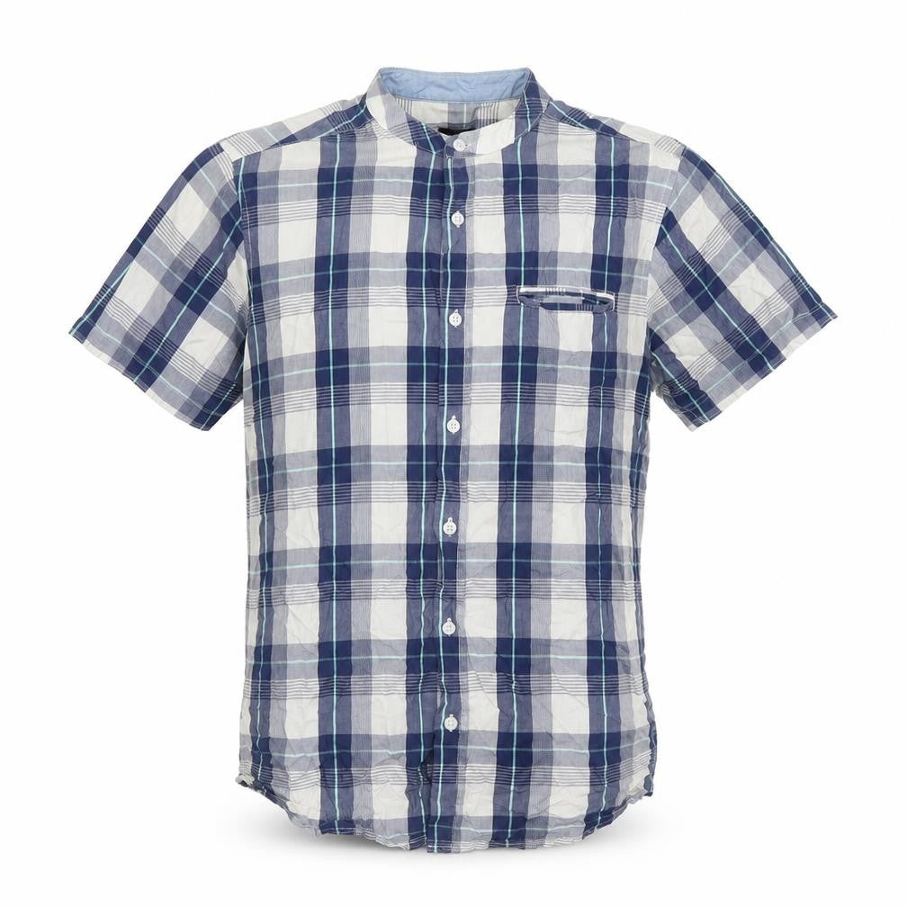 Max Mens Blue Plaid Cotton  Button-Up Size L Round Neck Button