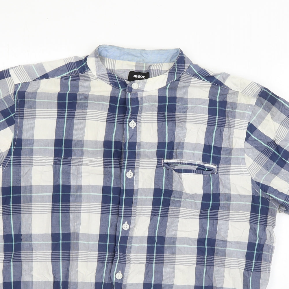 Max Mens Blue Plaid Cotton  Button-Up Size L Round Neck Button