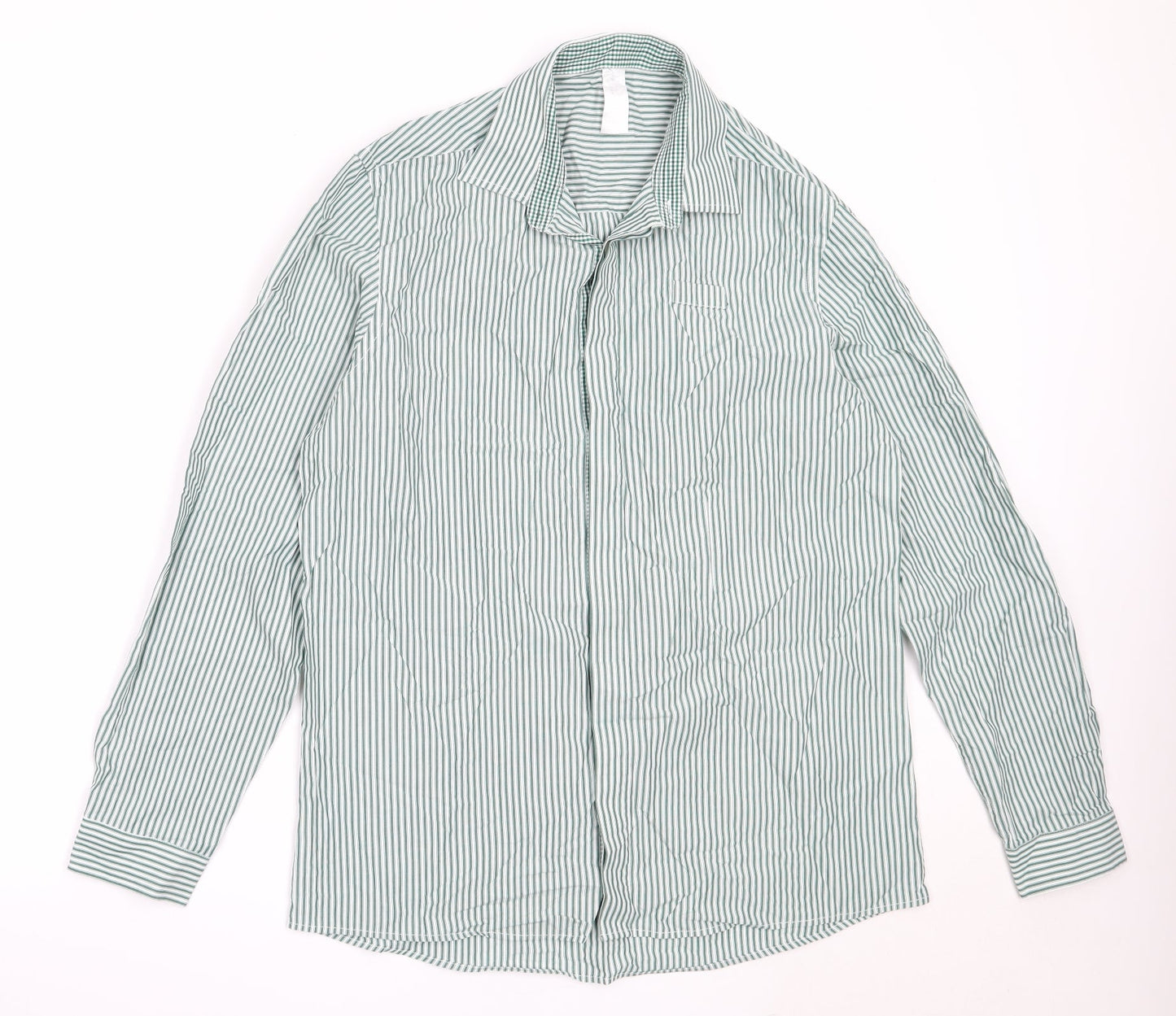 Dimensions Mens Green Striped Cotton  Button-Up Size 16 Collared