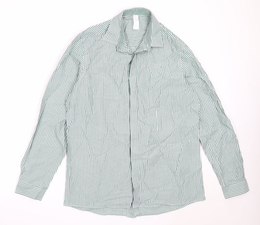 Dimensions Mens Green Striped Cotton  Button-Up Size 16 Collared
