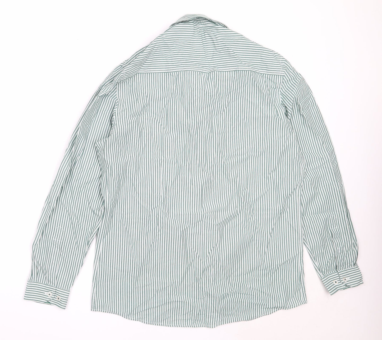 Dimensions Mens Green Striped Cotton  Button-Up Size 16 Collared