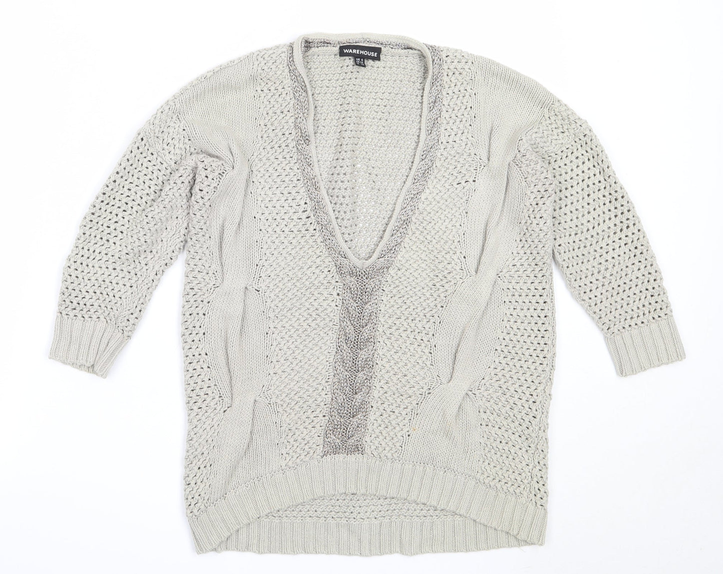 Warehouse Womens Beige V-Neck  Cotton Pullover Jumper Size 6