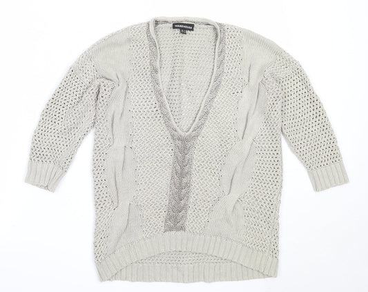 Warehouse Womens Beige V-Neck  Cotton Pullover Jumper Size 6
