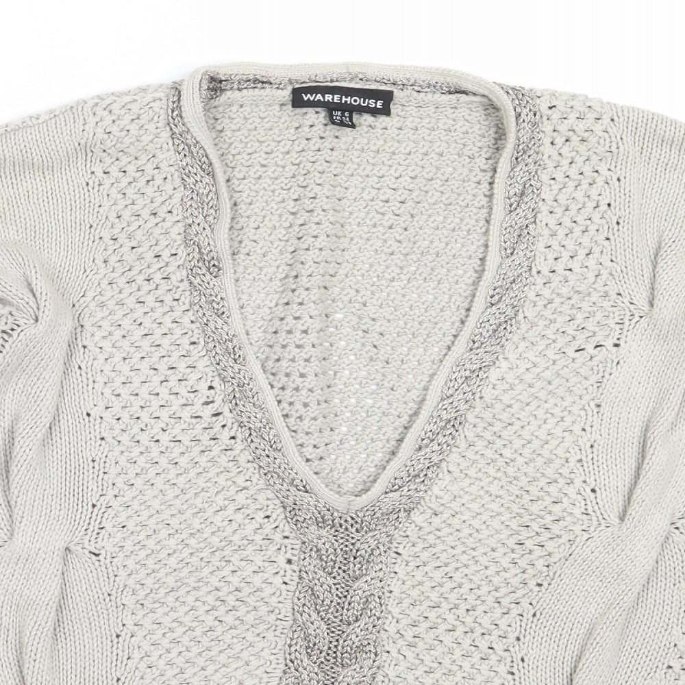 Warehouse Womens Beige V-Neck  Cotton Pullover Jumper Size 6