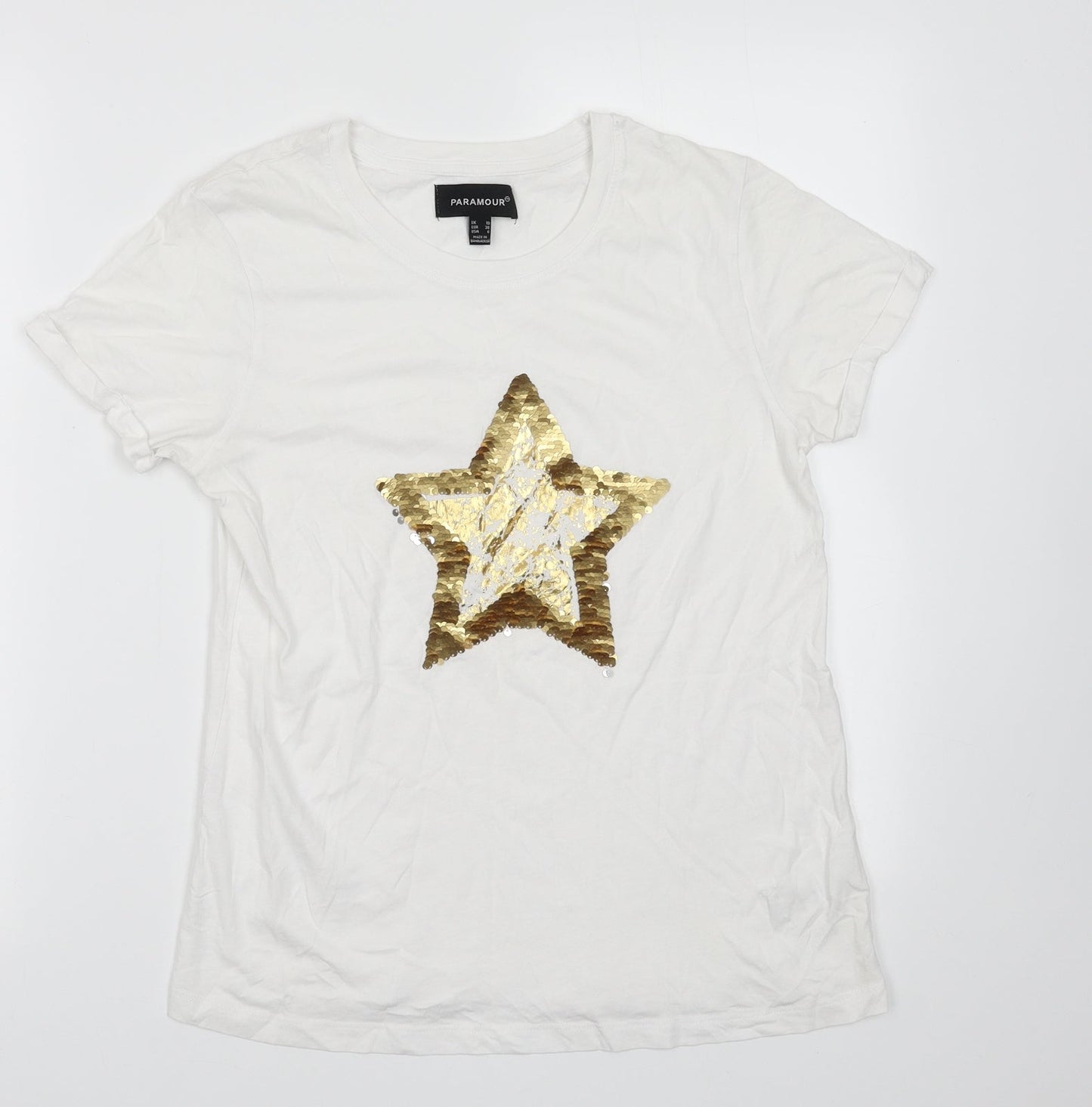 Paramour Womens White  Cotton Basic T-Shirt Size 10 Crew Neck - Star Print