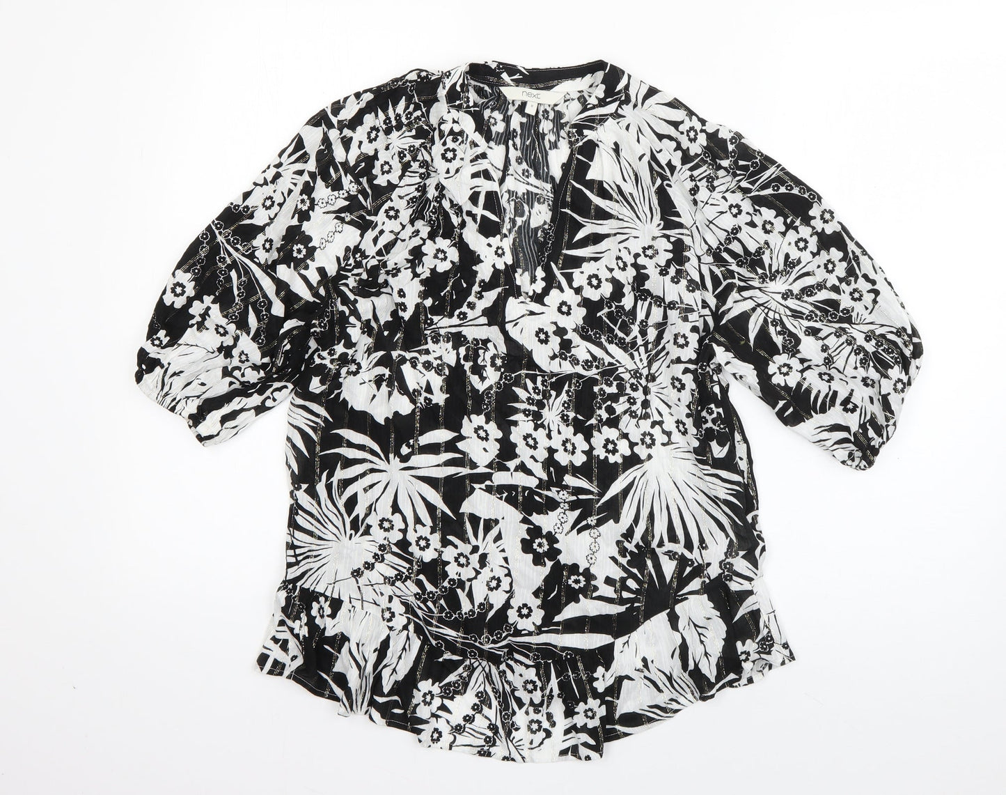 NEXT Womens Black Floral Viscose Basic Blouse Size 8 V-Neck