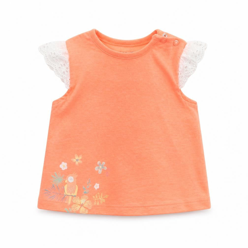 Nutmeg Girls Orange  Cotton Basic T-Shirt Size 3-6 Months Round Neck Pullover - Parrot