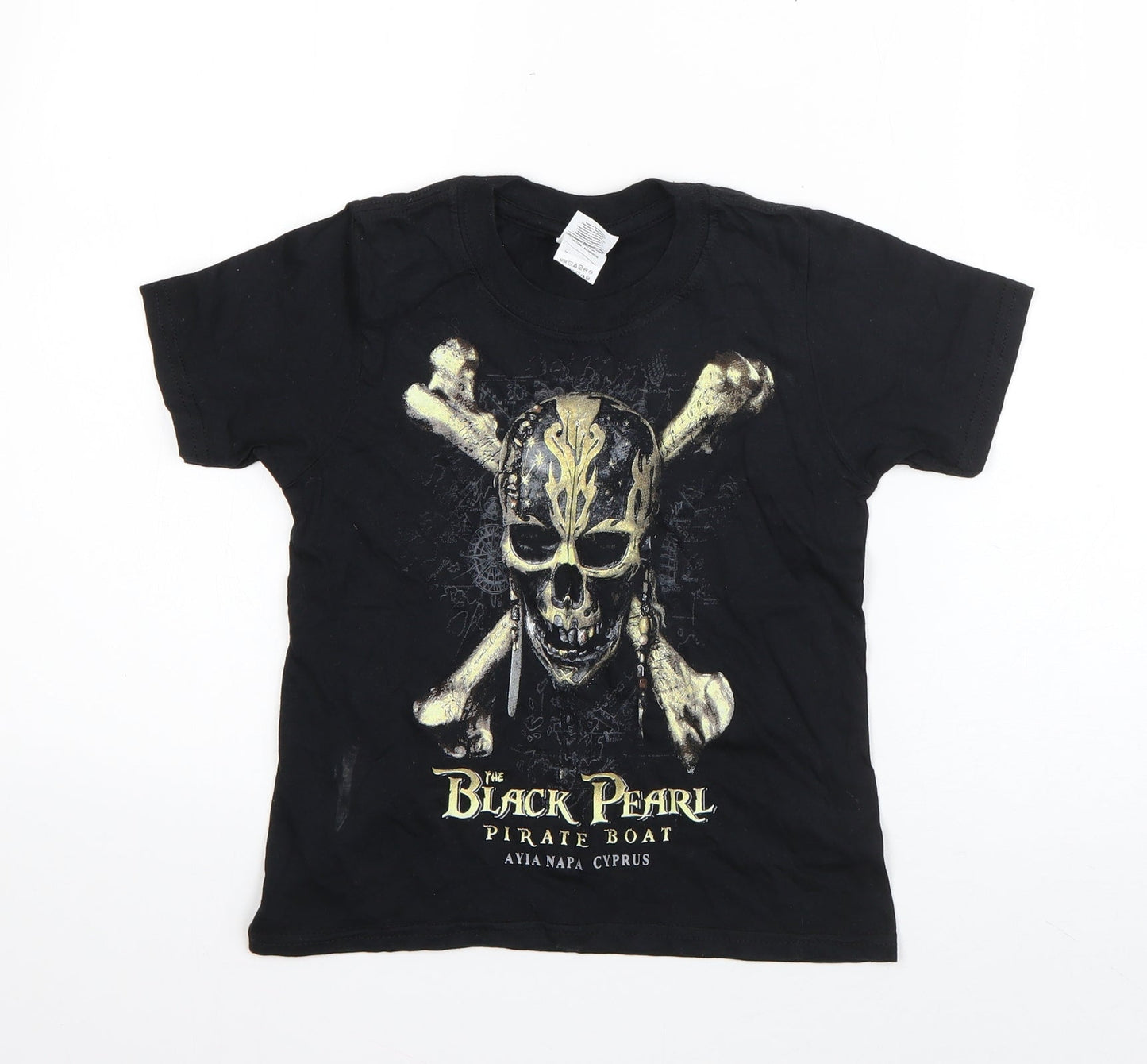 Gildan Girls Black  Cotton Basic T-Shirt Size XS Round Neck Pullover - Black Pearl Pirate Boat