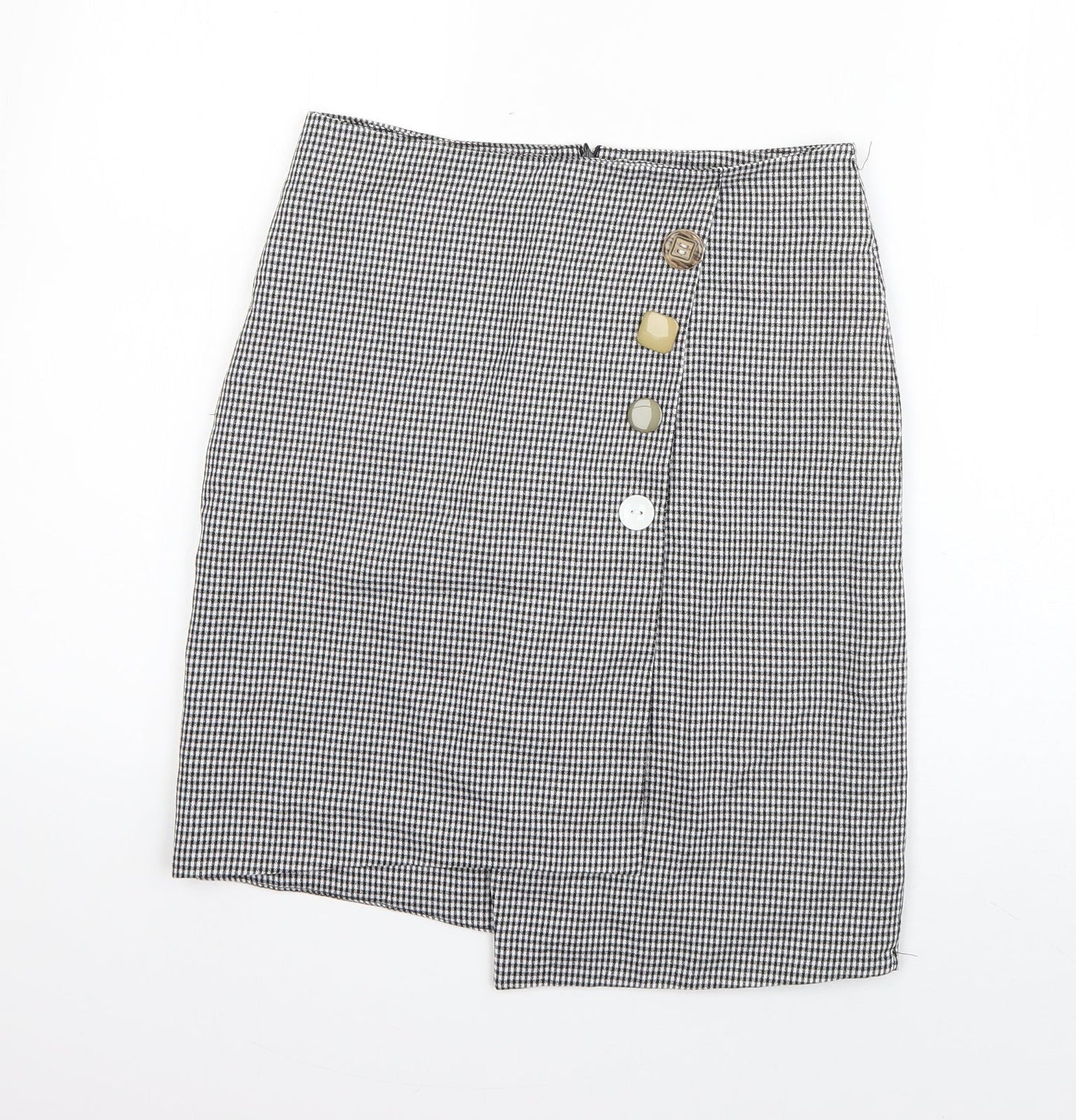 Preworn Womens Black Check Polyester A-Line Skirt Size 28 in   Zip