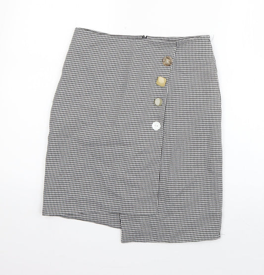 Preworn Womens Black Check Polyester A-Line Skirt Size 28 in   Zip