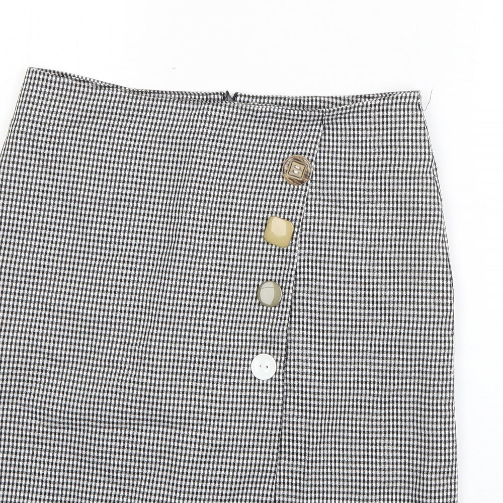 Preworn Womens Black Check Polyester A-Line Skirt Size 28 in   Zip