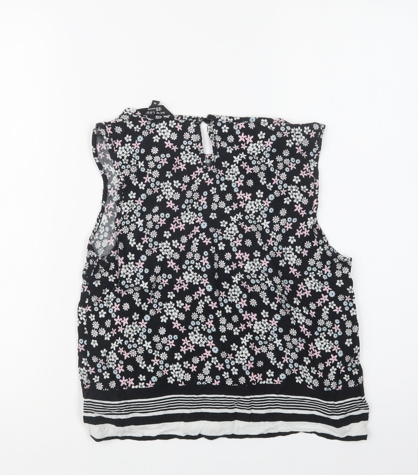New Look Girls Black Floral Viscose Basic Blouse Size 14 Years Crew Neck Button