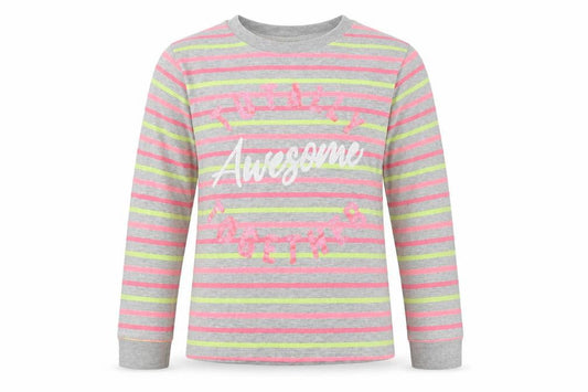 M&Co Girls Grey Striped Cotton Basic Blouse Size 9-10 Years Crew Neck