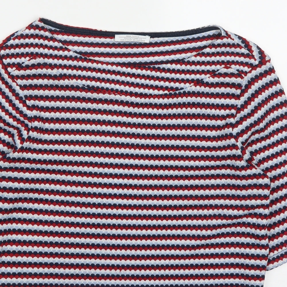 Zara Womens Red Geometric Polyester Basic T-Shirt Size M Off the Shoulder - Blue