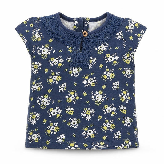 Tu Girls Blue Floral Cotton Basic T-Shirt Size 0-3 Months Round Neck Button
