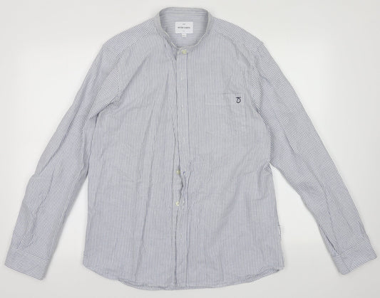 Peter Werth Mens Blue Striped Cotton  Button-Up Size L Crew Neck Button