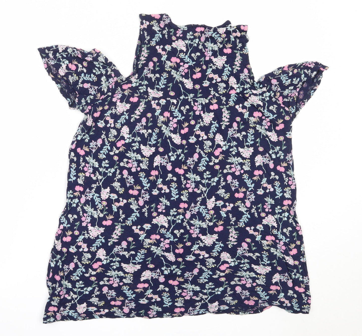 Papaya Womens Blue Floral Viscose Basic T-Shirt Size 10 Round Neck