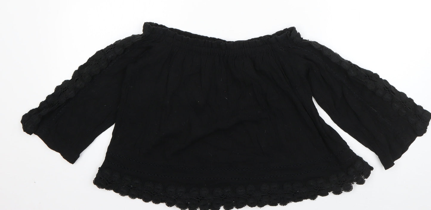 Topshop Womens Black  Cotton Basic Blouse Size 8 Off the Shoulder - Crochet detail