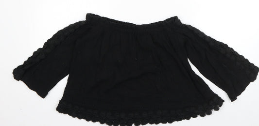 Topshop Womens Black  Cotton Basic Blouse Size 8 Off the Shoulder - Crochet detail